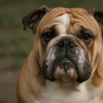 Englische Bulldogge im Freien sitzt aufmerksam.