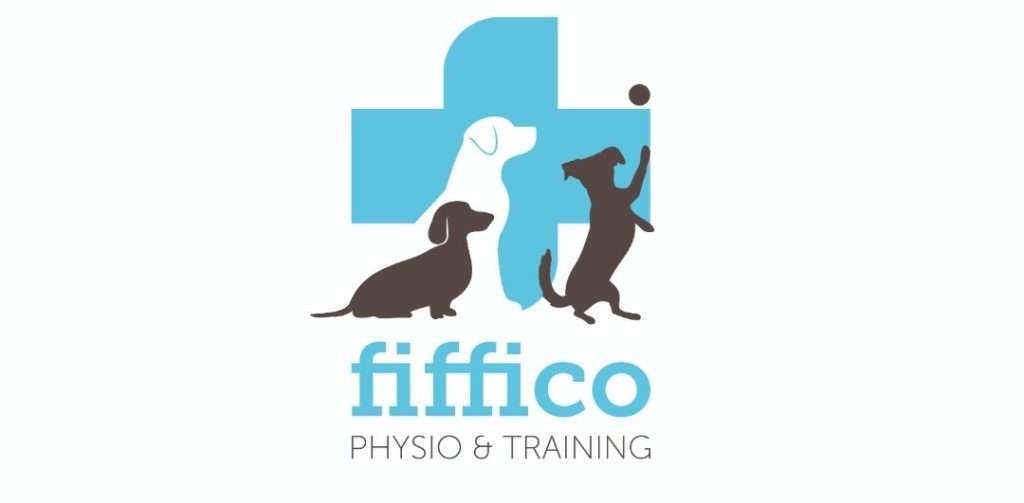 Logo mit Hunden und blauem medizinischen Kreuz.